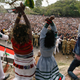 Demonstrators chant slogans while flashing the Oromo protest gesture during Irreecha, the thanksgiving festival of the Oromo people, in Bishoftu town, Oromia region, Ethiopia, October 2, 2016.